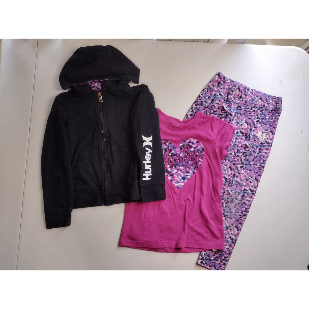 Hurley Girls 3-Piece Outfit Set Black Hoodie Pink‎ Heart Tee Purple Leggings 6